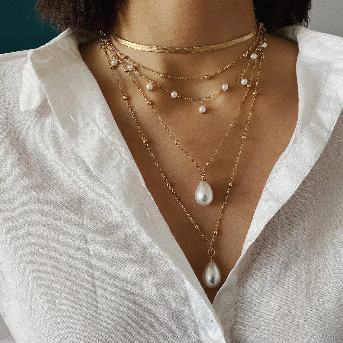 Bohemian Pearl Drop Pendant Multilayer Chain Choker - Nandi London