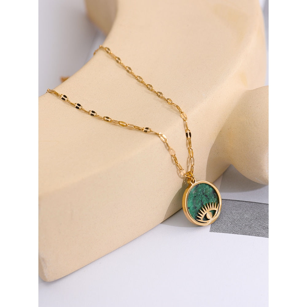 Yhpup Green Natural Stone Eye Pendant Necklace Stainless Steel Collar Trendy Necklace Jewelry цепочка на шею женская Gift - Nandi London