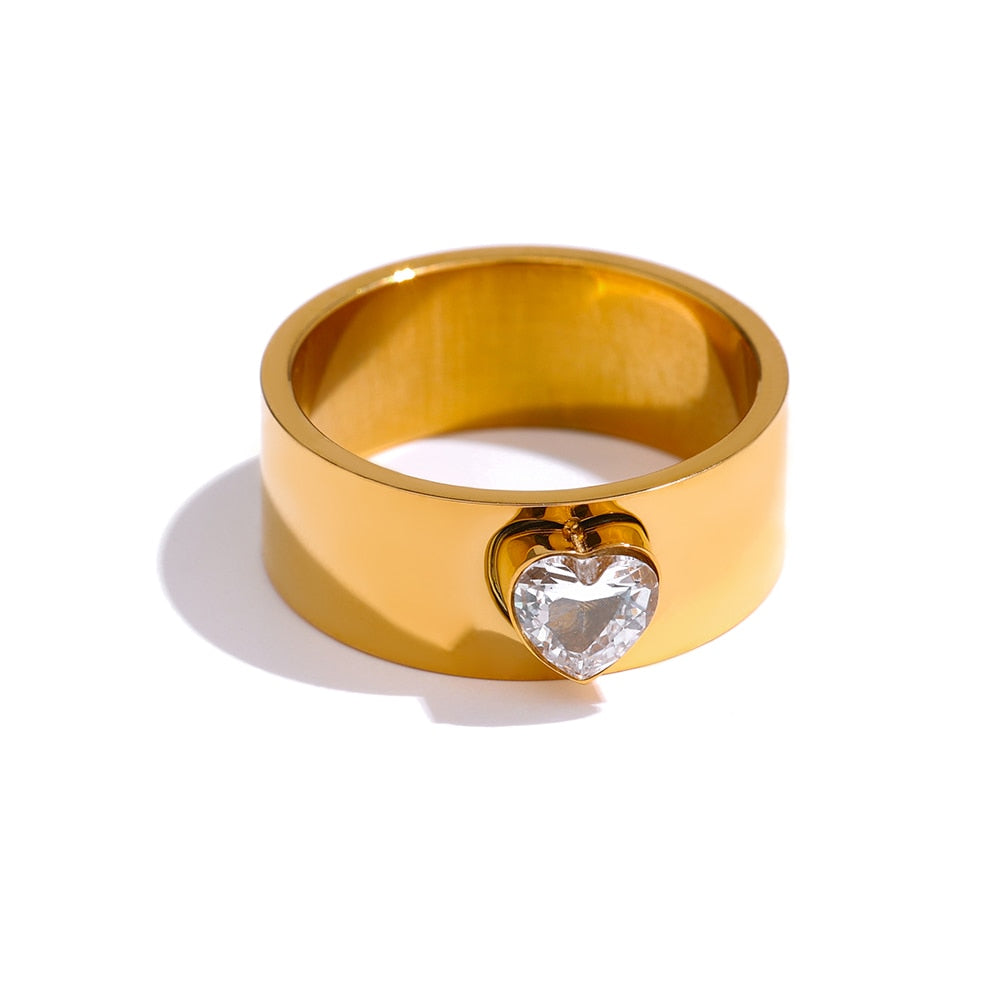 Stainless Steel Round Romantic Heart Bling Cubic Zirconia Waterproof Ring - Nandi London