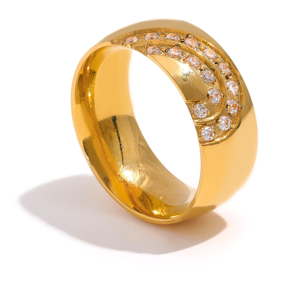 Gold Plated Stainless Steel Cubic Zirconia Smooth Wide Ring - Nandi London