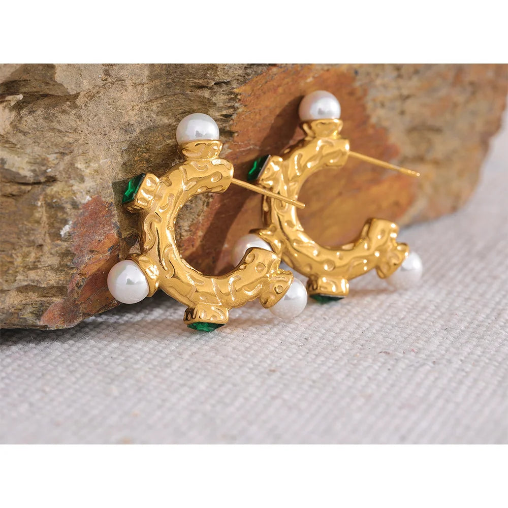 Ginger-man Pearl Green Cubic Zirconia Hoop Earrings - Nandi London