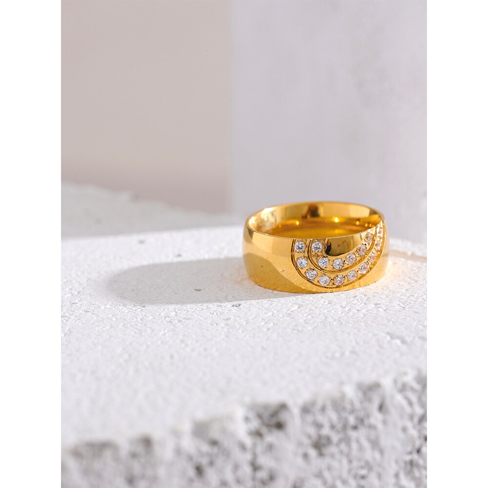 Gold Plated Stainless Steel Cubic Zirconia Smooth Wide Ring - Nandi London