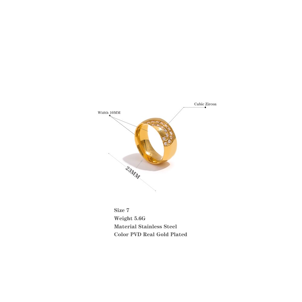 Gold Plated Stainless Steel Cubic Zirconia Smooth Wide Ring - Nandi London