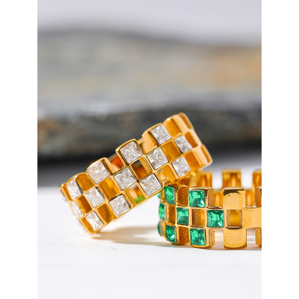 Exquisite Bling Green Cubic Zirconia Stainless Steel Grid Hollow Ring - Nandi London