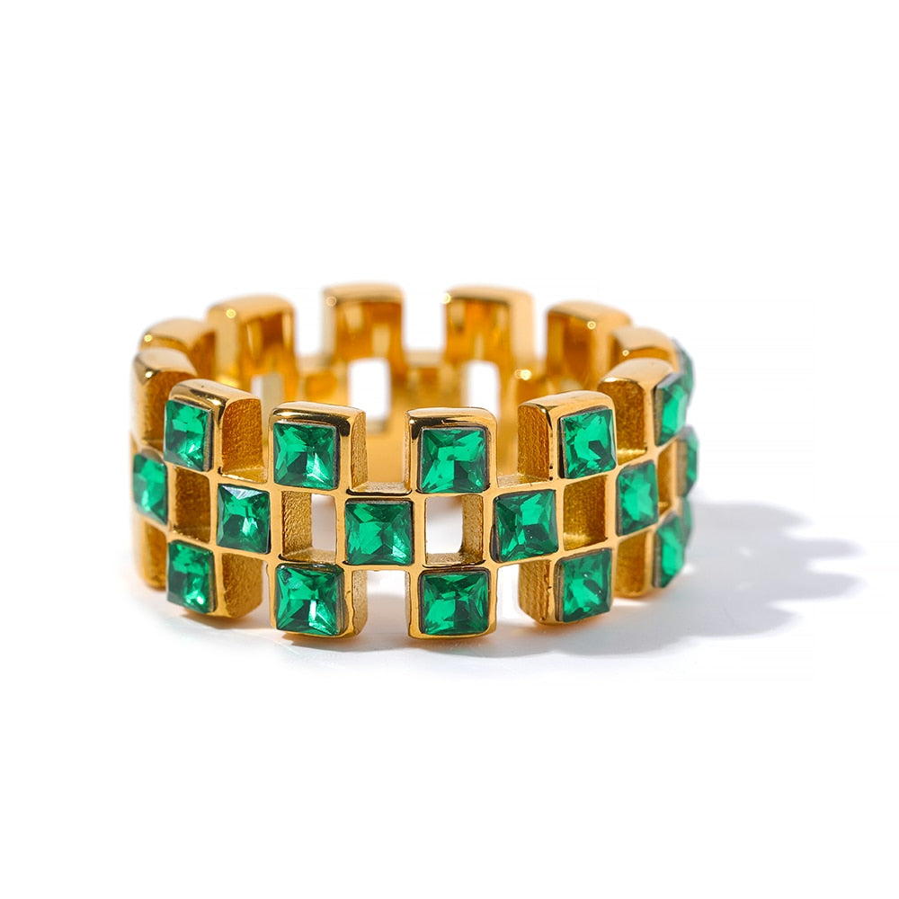 Exquisite Bling Green Cubic Zirconia Stainless Steel Grid Hollow Ring - Nandi London