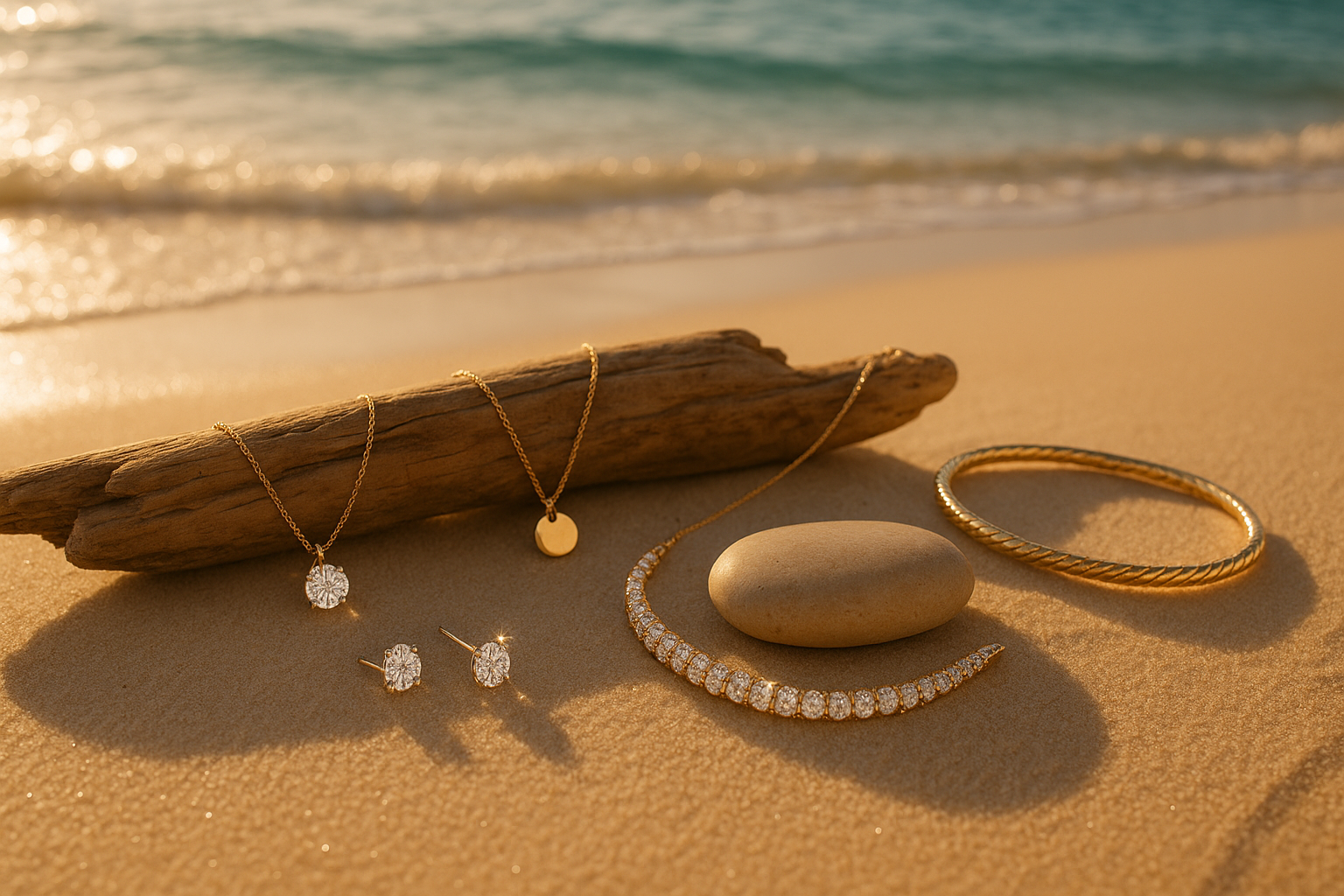 use images of nandi london and create a n image of jewellery on the beach