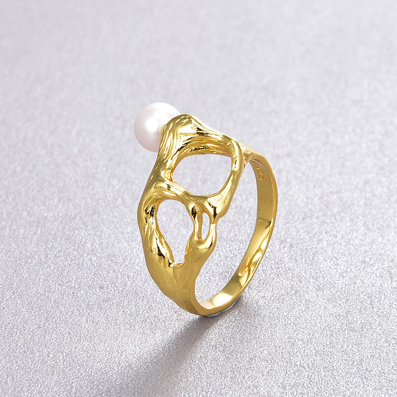 Irregular Cutout Gold Plated Pearl Ring - Nandi London