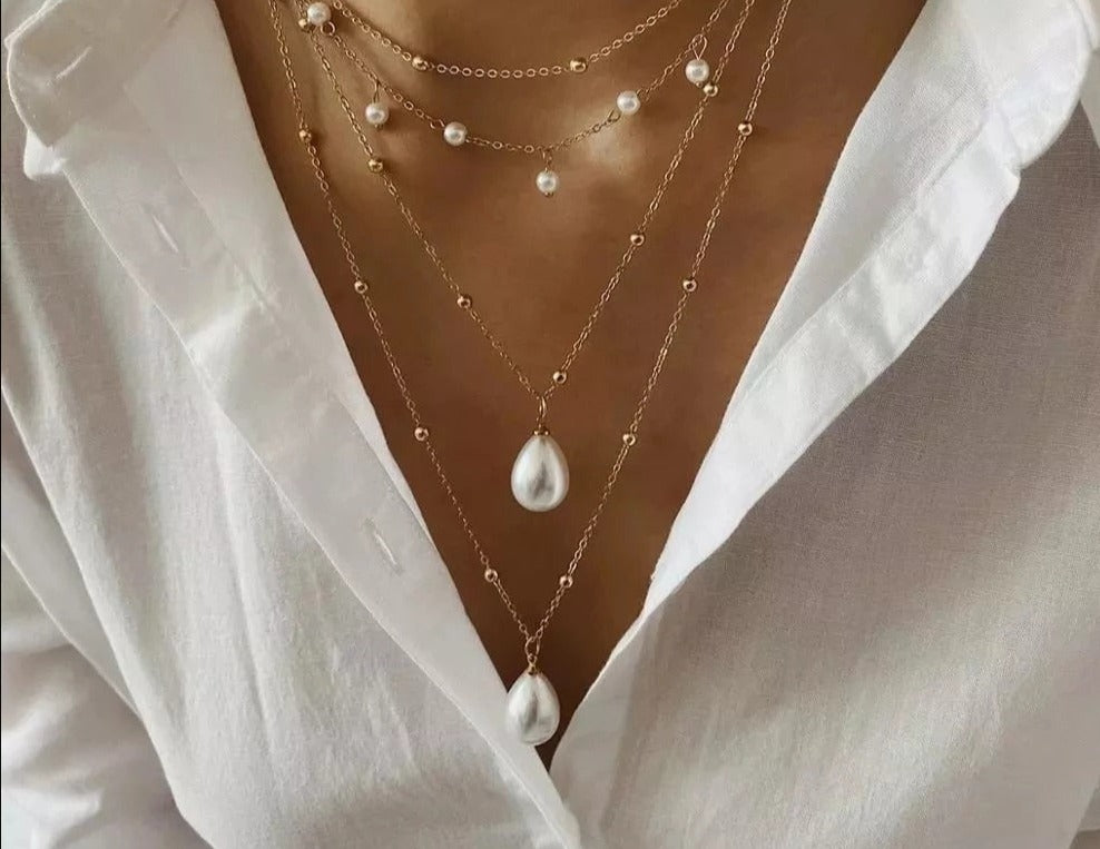 Bohemian Pearl Drop Pendant Multilayer Chain Choker - Nandi London