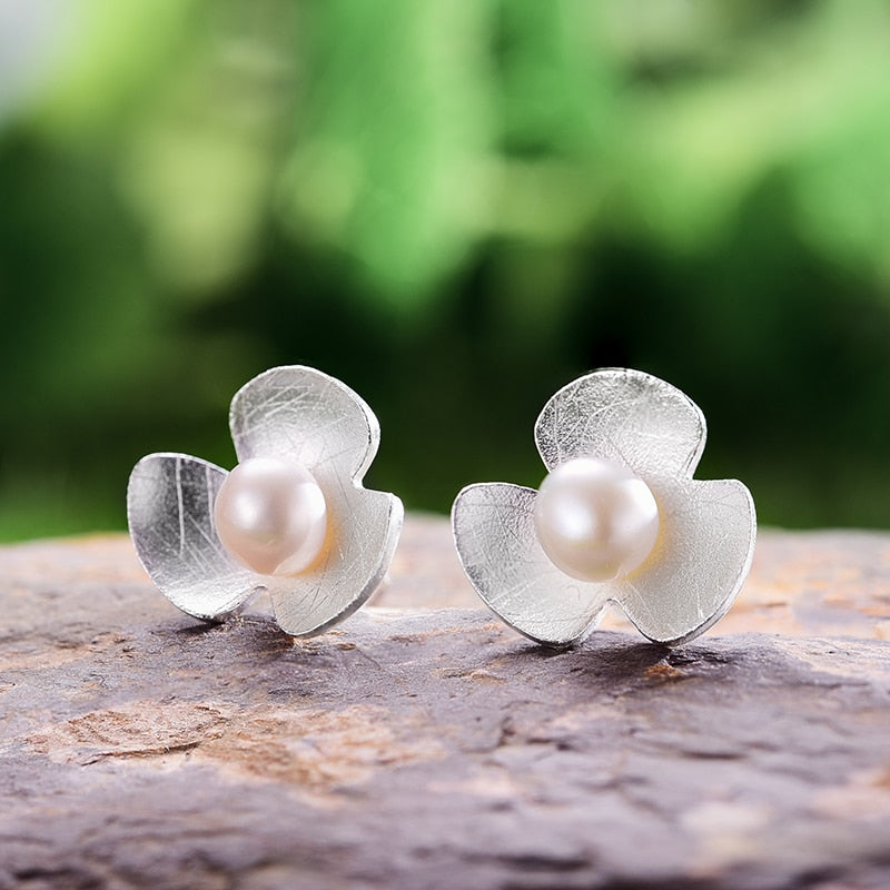 Lotus Fun Real 925 Sterling Silver Natural Pearl Earrings - Nandi London