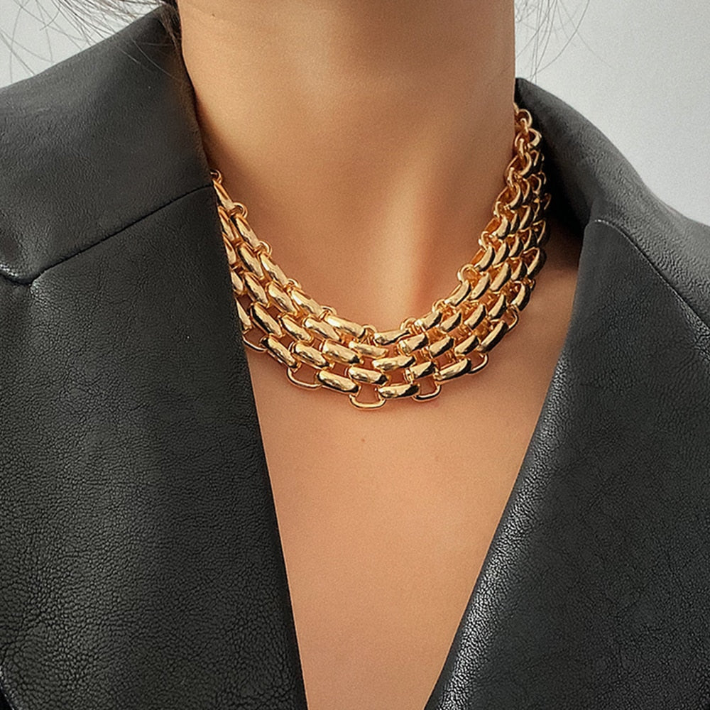 PuRui Punk Chunky Chain Choker Necklace for Women Hip Hop Gold Color Layered Collar Necklace Statement Fashion Jewelry - Nandi London