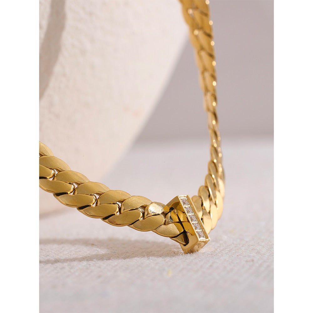 Yhpup 18k Gold Color Cuban Chain Stainless Steel Necklace Collar Zircon High Quality Metal Texture Women Fashion Charm Jewelry - Nandi London