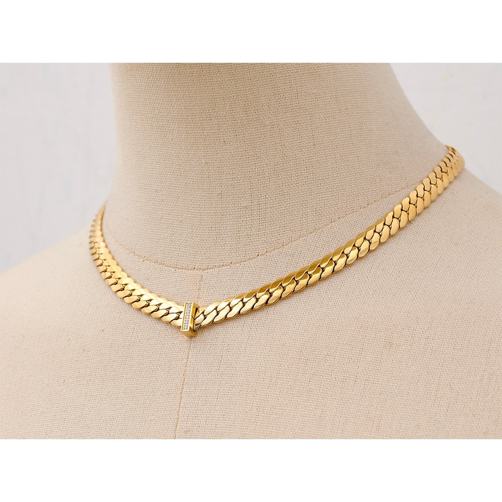 Yhpup 18k Gold Color Cuban Chain Stainless Steel Necklace Collar Zircon High Quality Metal Texture Women Fashion Charm Jewelry - Nandi London