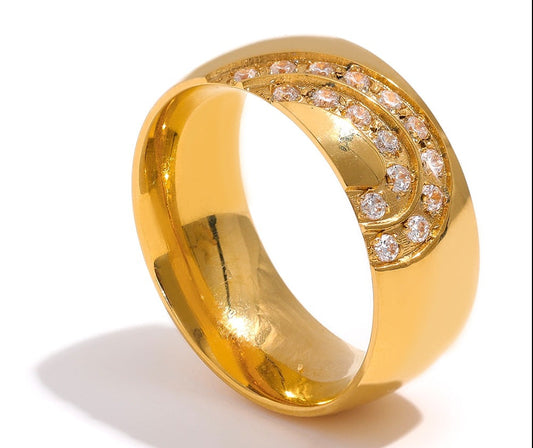 Gold Plated Stainless Steel Cubic Zirconia Smooth Wide Ring - Nandi London