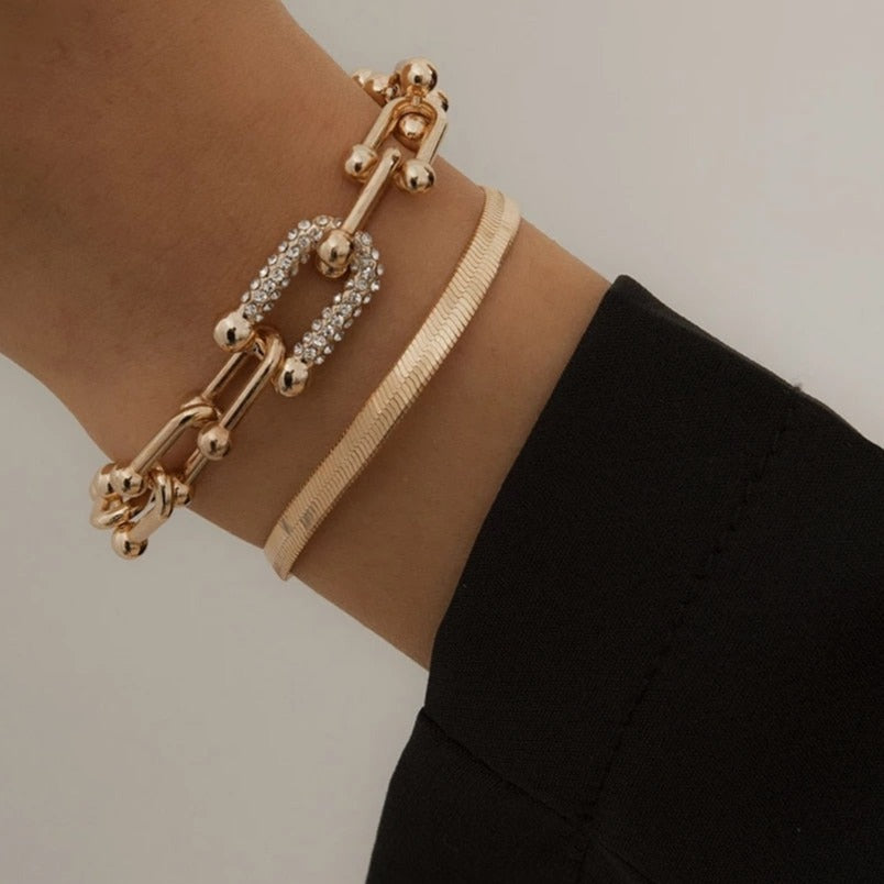 Fashion Statement Heavy Metal Bangle Bracelet Trendy Gold Color Copper Chain U Link Crystal Bracelet Pulseras Women Bijoux Gift - Nandi London