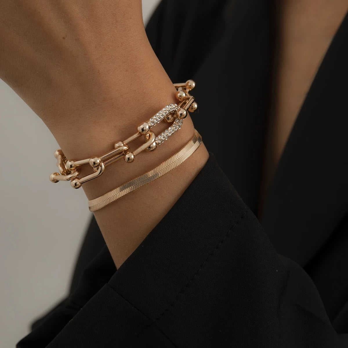 Fashion Statement Heavy Metal Bangle Bracelet Trendy Gold Color Copper Chain U Link Crystal Bracelet Pulseras Women Bijoux Gift - Nandi London