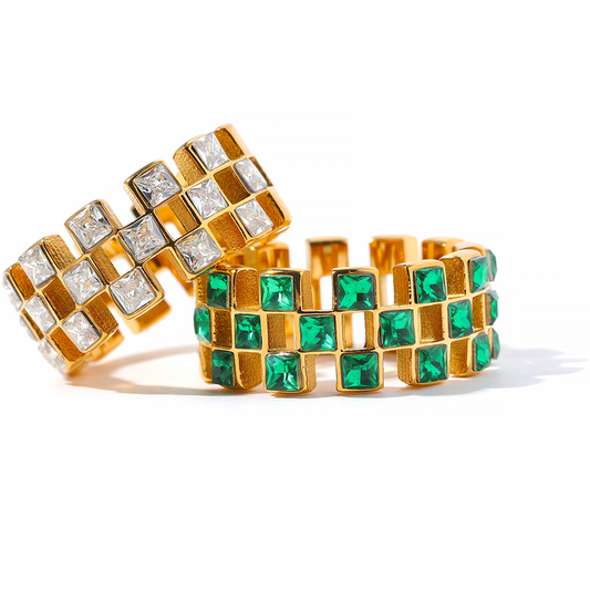 Exquisite Bling Green Cubic Zirconia Stainless Steel Grid Hollow Ring - Nandi London