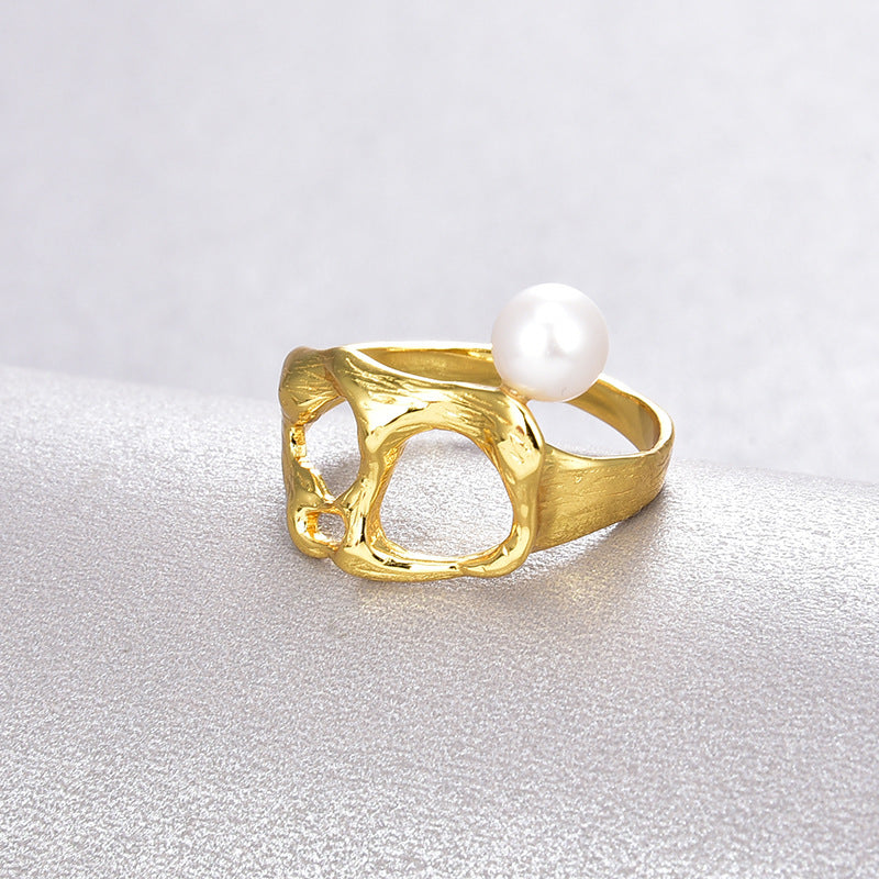 Irregular Cutout Gold Plated Pearl Ring - Nandi London