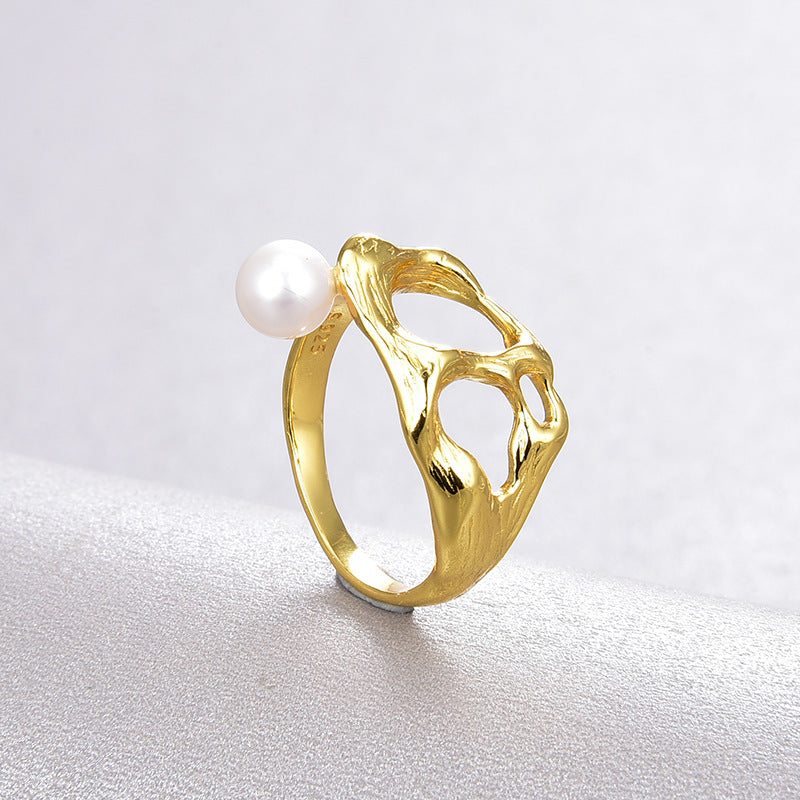 Irregular Cutout Gold Plated Pearl Ring - Nandi London